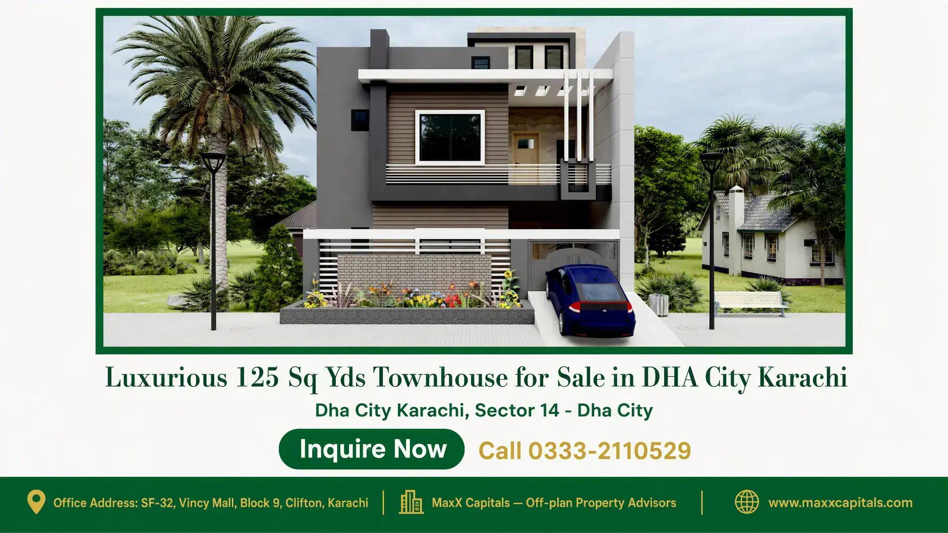 Luxurious 125 Sq Yds Townhouse for Sale in DHA City Karachi Modern 125 sq yds townhouse for sale in DHA City Karachi with sleek architectural design, spacious driveway, and landscaped g