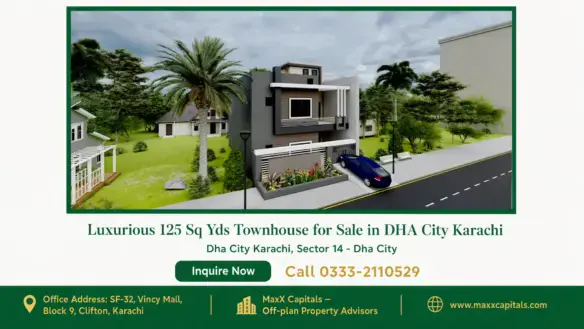 Modern 125 Sq Yds townhouse with sleek exterior design, landscaped garden, driveway, and surrounding greenery in DHA City Kar