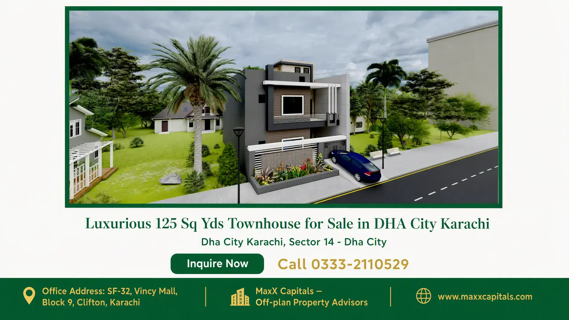 Luxurious 125 Sq Yds Townhouse for Sale in DHA City Karachi Modern 125 Sq Yds townhouse with sleek exterior design, landscaped garden, driveway, and surrounding greenery in DHA City Kar