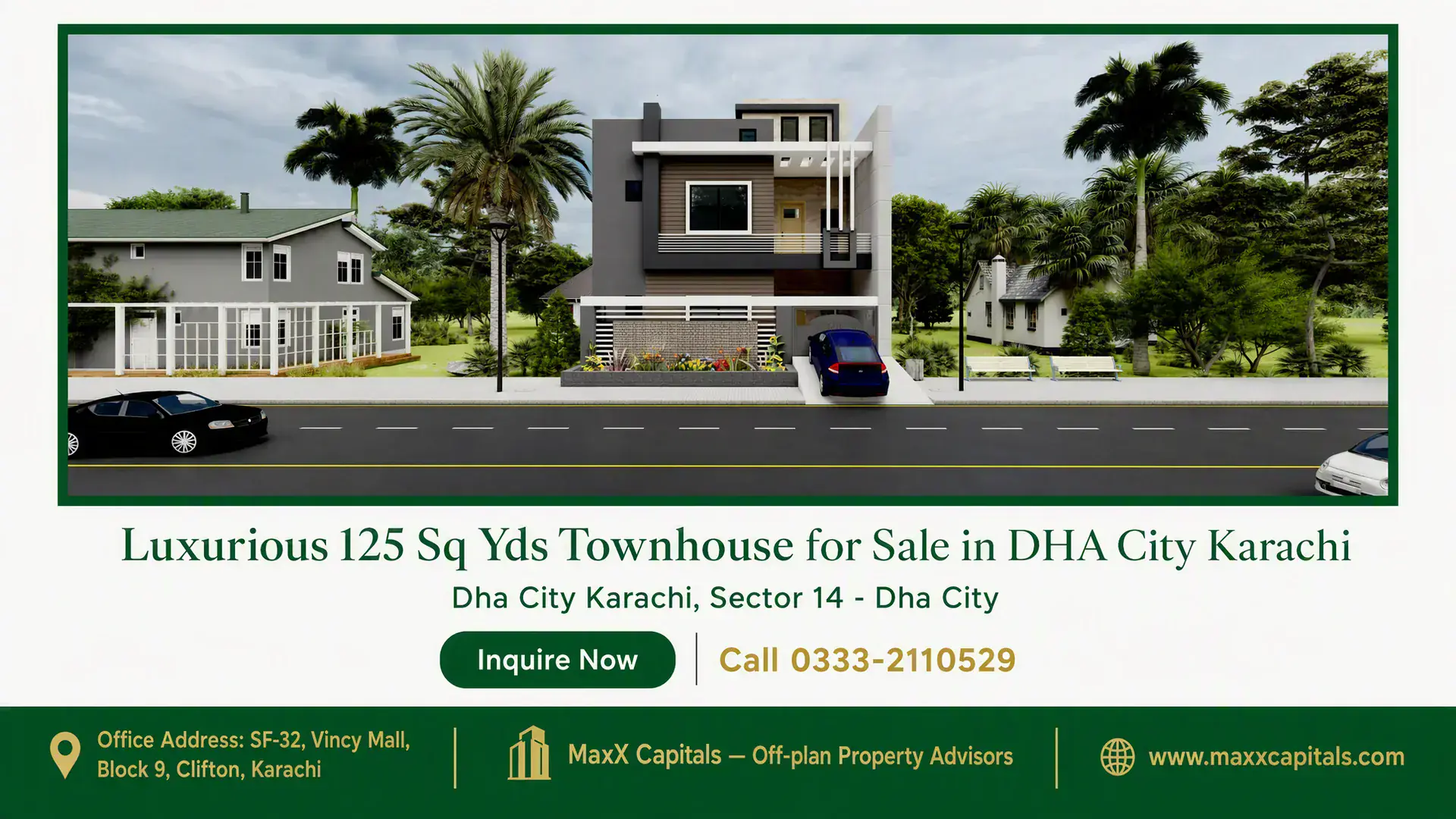 Luxurious 125 Sq Yds Townhouse for Sale in DHA City Karachi Modern 125 sq yds townhouse with a sleek facade, lush landscaping, and driveway in DHA City Karachi.