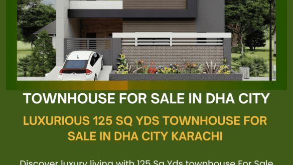 Modern 125 Sq Yds Townhouse Exterior In Dha City Karachi With Gray And White Facade, Large Windows, Balcony, Driveway, Palm T