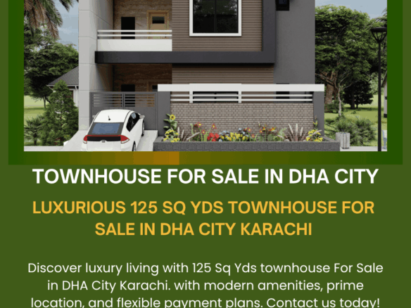 Modern 125 Sq Yds Townhouse Exterior In Dha City Karachi With Gray And White Facade, Large Windows, Balcony, Driveway, Palm T