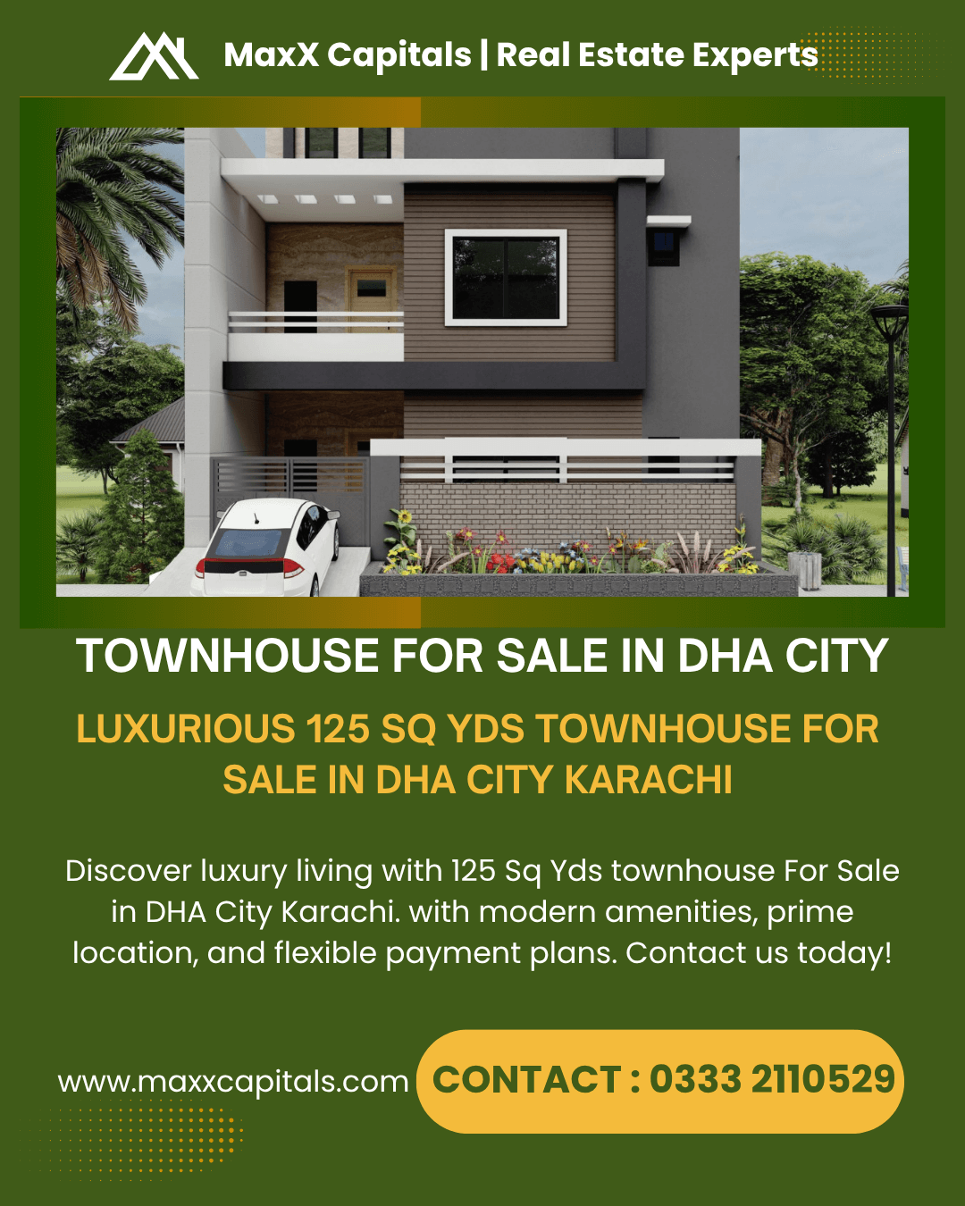 Modern 125 sq yds townhouse exterior in DHA City Karachi with gray and white facade, large windows, balcony, driveway, palm t