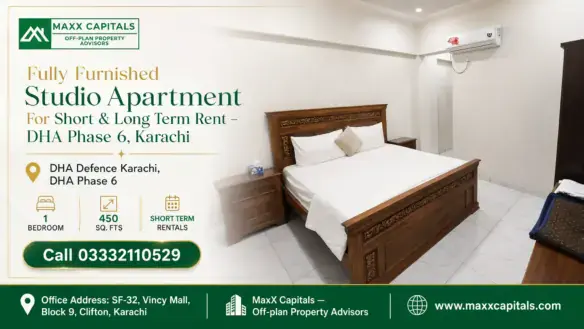Luxury Studio Apartment In Dha Phase 6, Karachi With Elegant Wooden Furniture, Tiled Flooring, And Modern Air Conditioning.