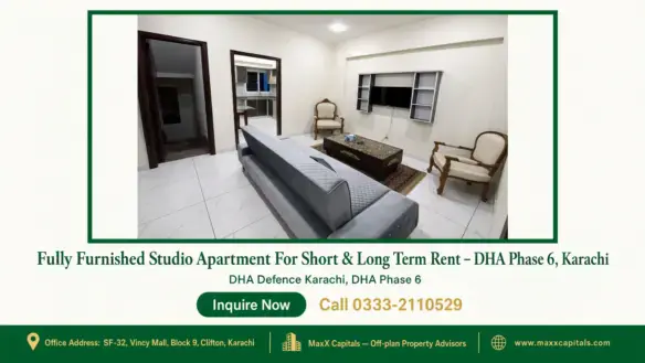 Fully furnished studio apartment living room with a gray sofa, marble table, wall-mounted TV, and tiled flooring in DHA Phase