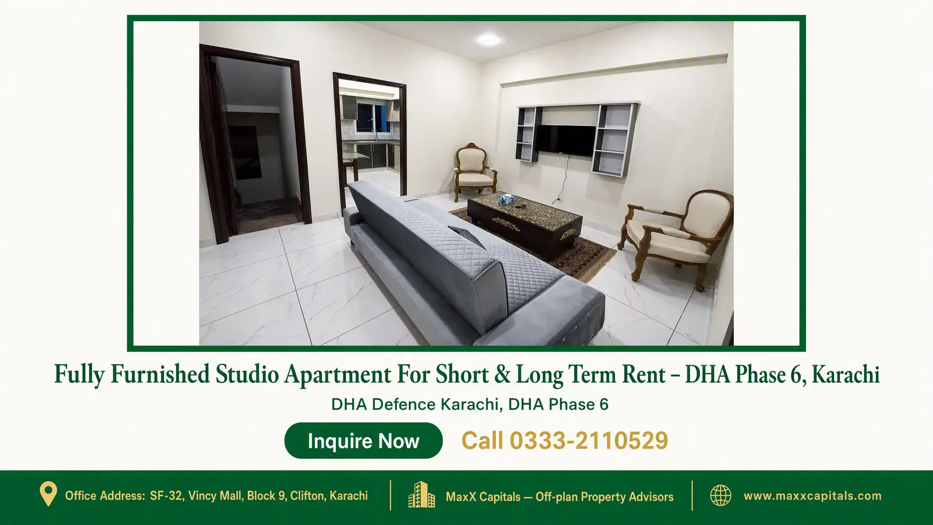 Fully Furnished Studio Apartment For Short & Long Term Rent – DHA Phase 6, Karachi Fully furnished studio apartment living room with a gray sofa, marble table, wall-mounted TV, and tiled flooring in DHA Phase