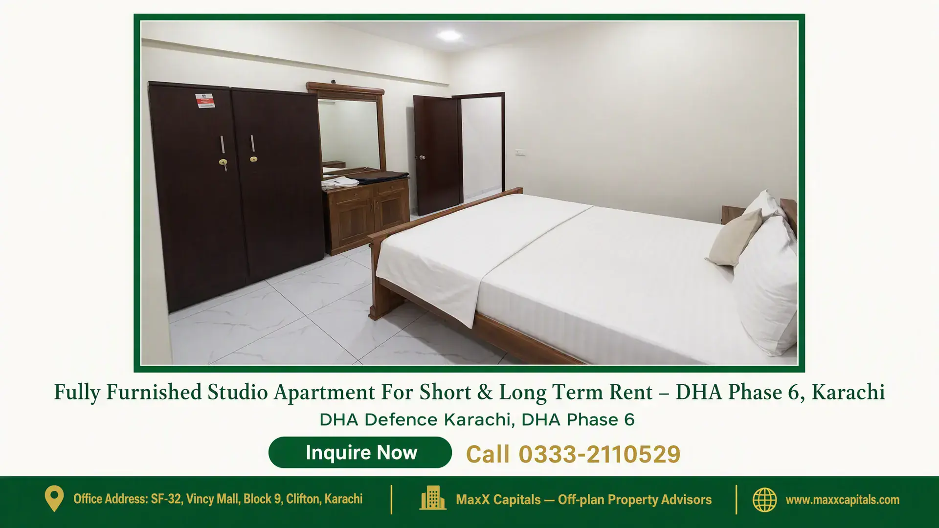 Fully Furnished Studio Apartment For Short & Long Term Rent – DHA Phase 6, Karachi Fully furnished studio apartment bedroom in DHA Phase 6 featuring a double bed, wooden wardrobe, sleek marble tile flooring,