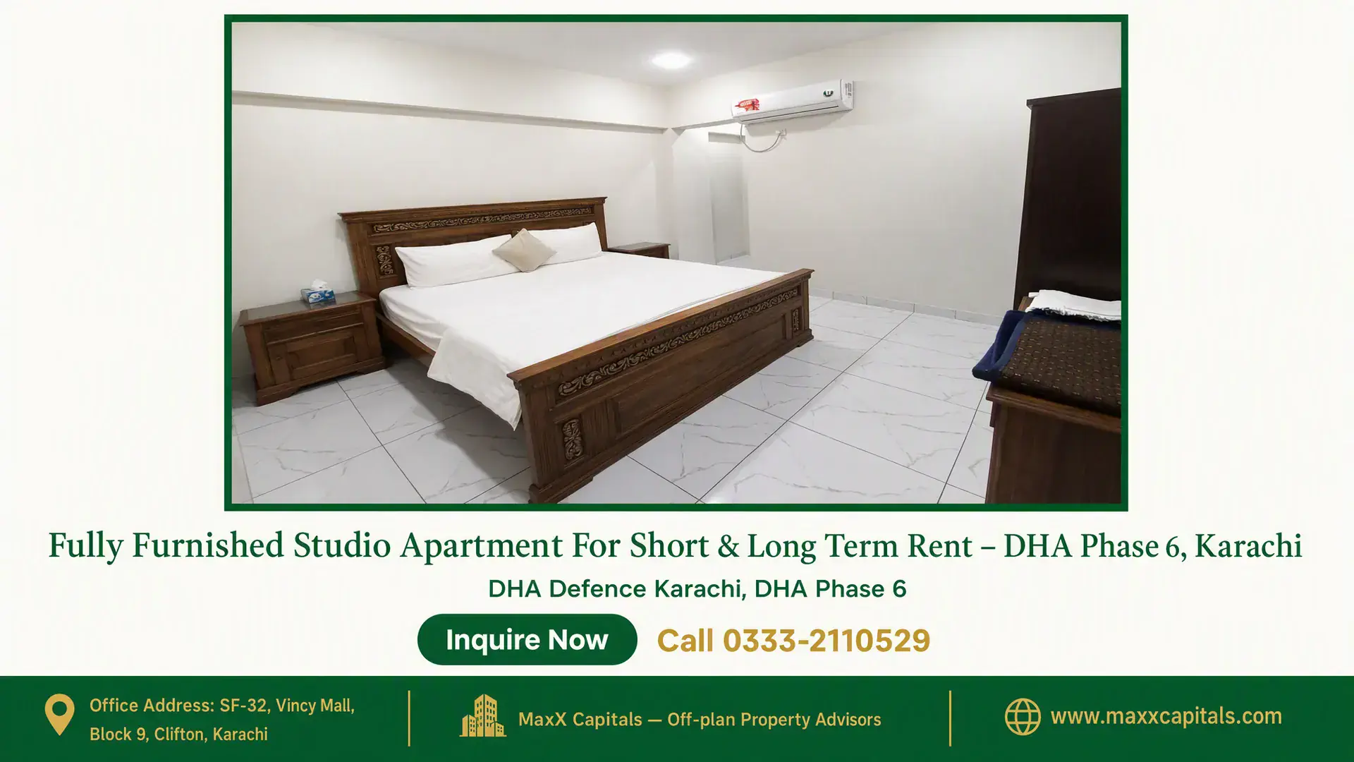 Fully Furnished Studio Apartment For Short & Long Term Rent – DHA Phase 6, Karachi Fully furnished studio apartment bedroom with carved wooden bed, side tables, tiled floor, and air conditioning in DHA Phase
