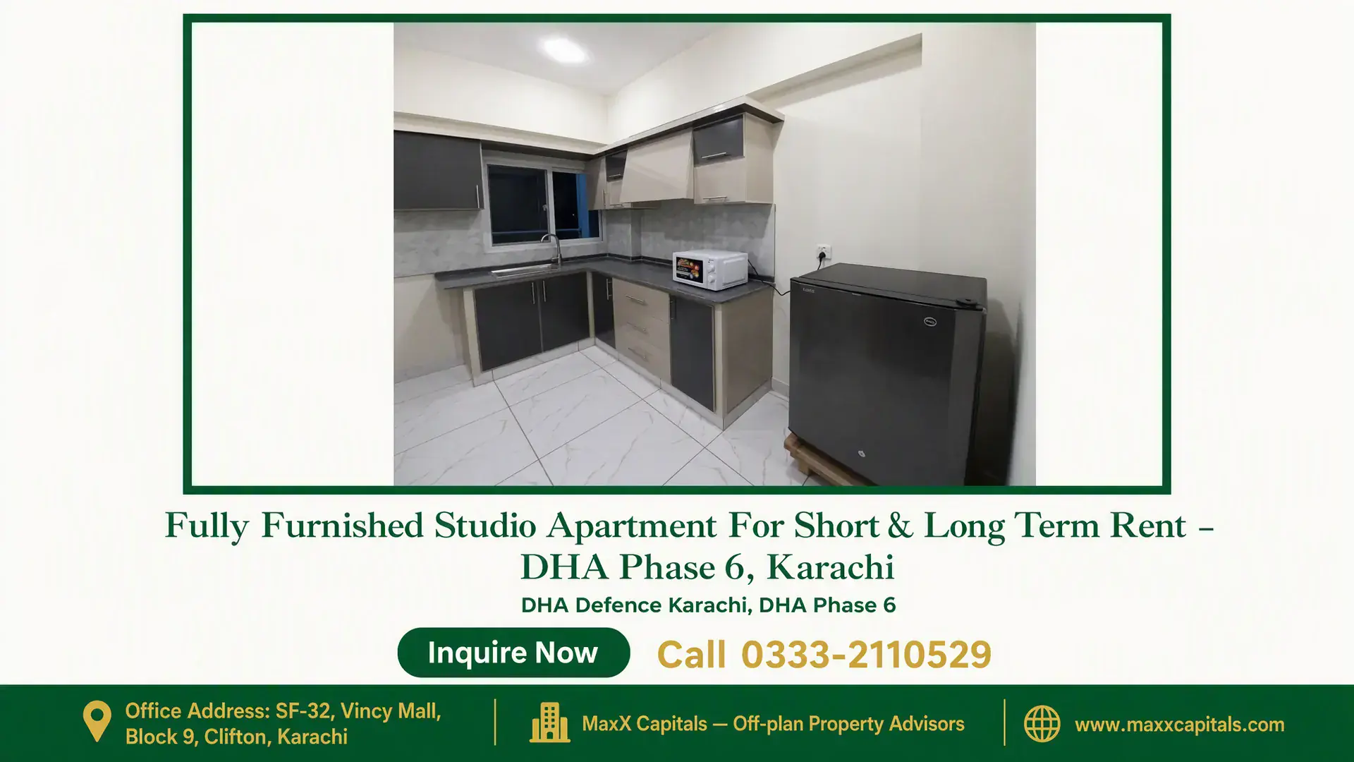 Fully Furnished Studio Apartment For Short & Long Term Rent – DHA Phase 6, Karachi Modern kitchenette in a fully furnished studio apartment with tiled flooring, sleek cabinetry, small refrigerator, and microw