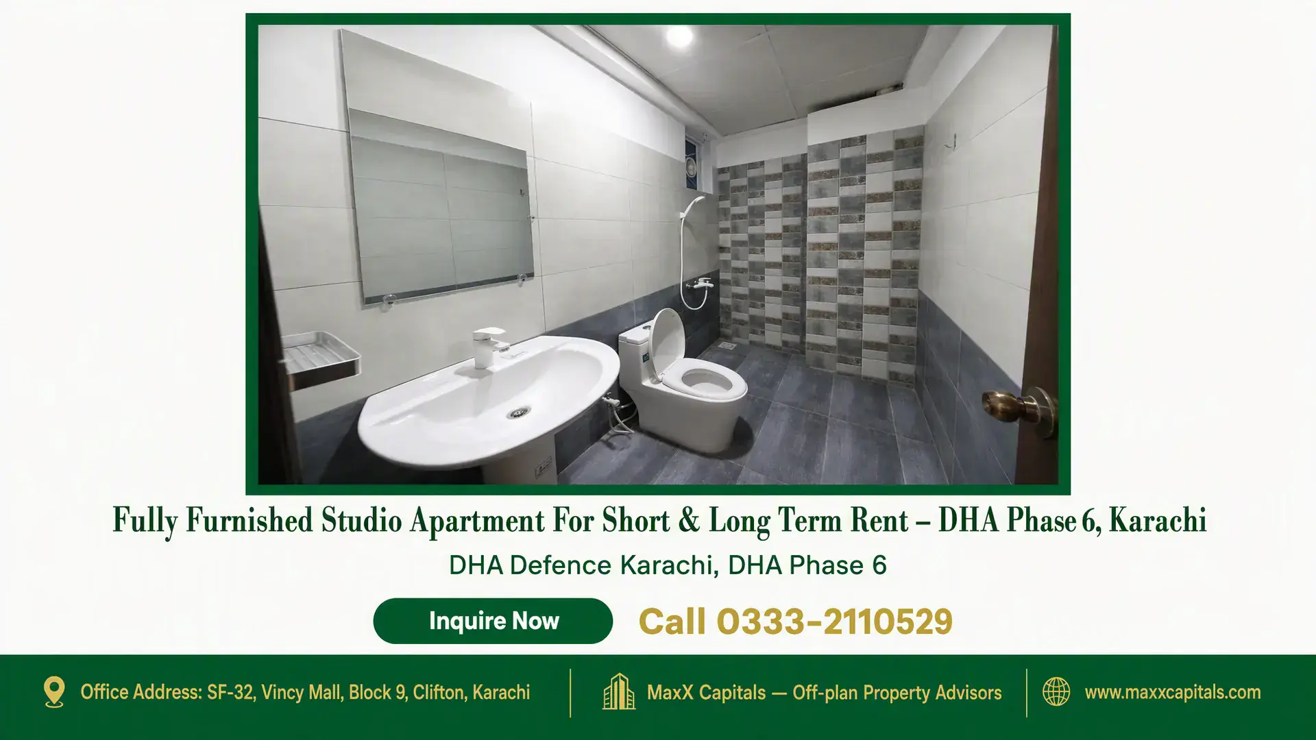 Fully Furnished Studio Apartment For Short & Long Term Rent – DHA Phase 6, Karachi Modern bathroom with tiled walls, sleek fixtures, a white sink, toilet, and a walk-in shower area in a studio apartment in DH