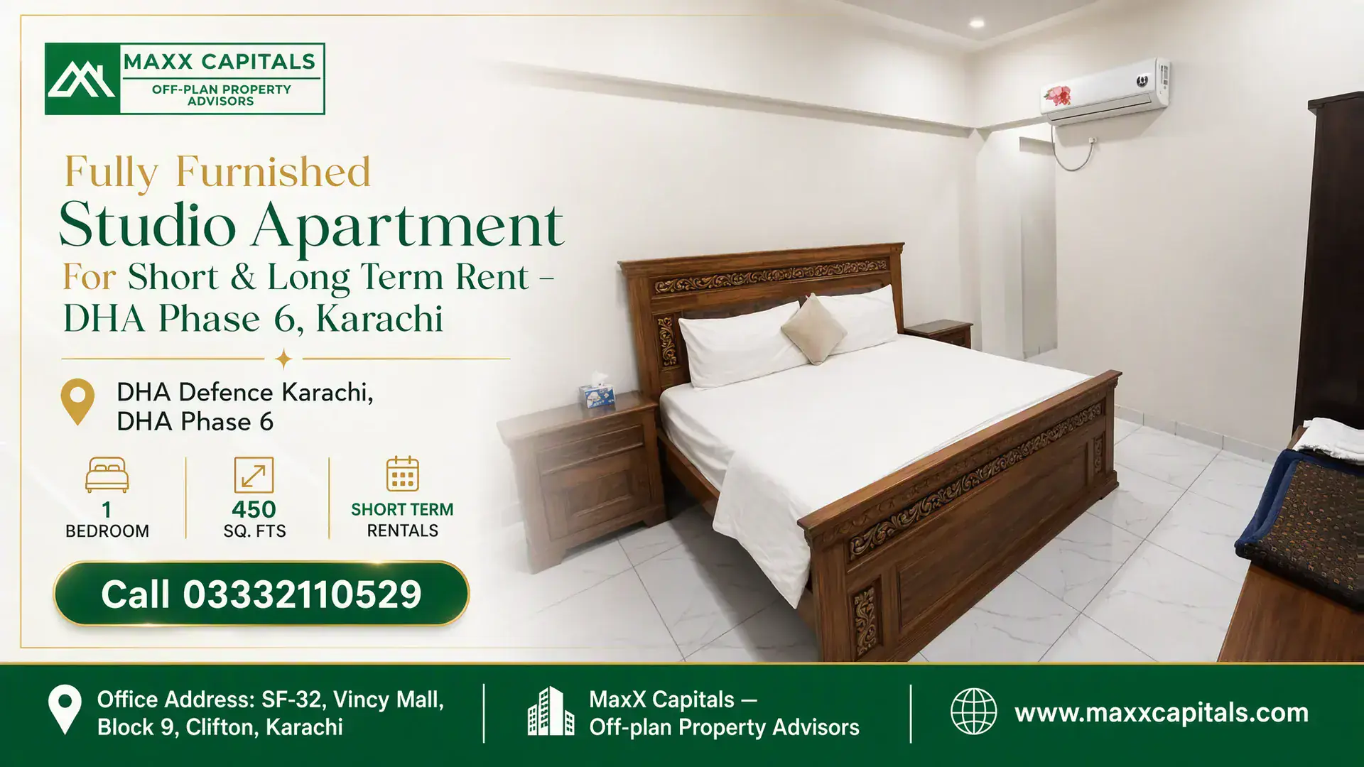 Fully Furnished Studio Apartment For Short & Long Term Rent – DHA Phase 6, Karachi Luxury studio apartment in DHA Phase 6, Karachi with elegant wooden furniture, tiled flooring, and modern air conditioning.