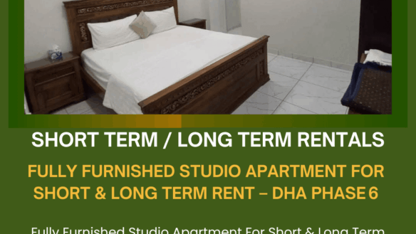 Fully Furnished Studio Apartment Bedroom In Dha Phase 6, Karachi With Wooden Bed, White Bedding, Nightstand, Wardrobe, Split 