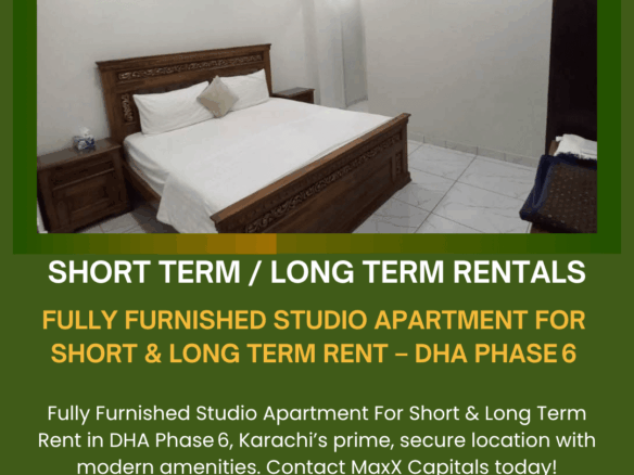 Fully Furnished Studio Apartment Bedroom In Dha Phase 6, Karachi With Wooden Bed, White Bedding, Nightstand, Wardrobe, Split 