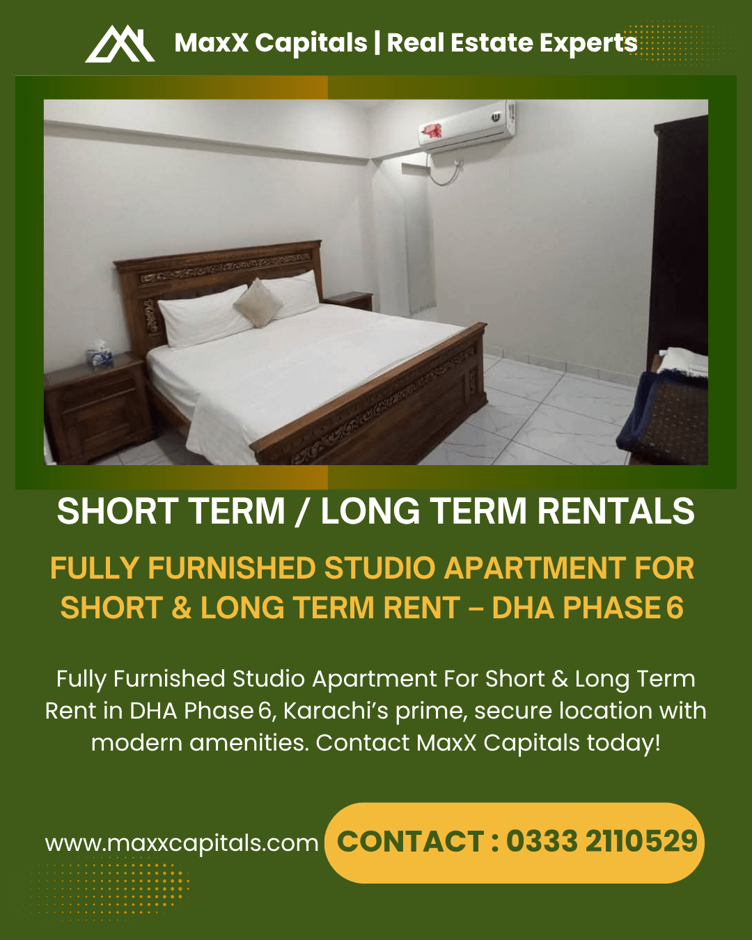 Fully Furnished Studio Apartment For Short & Long Term Rent – DHA Phase 6, Karachi Fully furnished studio apartment bedroom in DHA Phase 6, Karachi with wooden bed, white bedding, nightstand, wardrobe, split