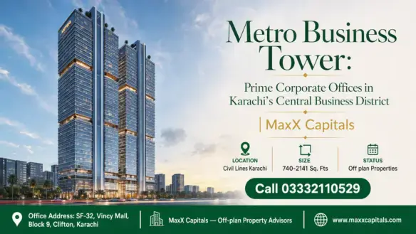 Modern High-Rise Metro Business Tower With Glass Facade And Landscaped Surroundings In Karachi'S Central Business District.