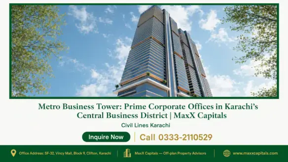 Metro Business Tower skyscraper with modern glass facade and palm tree accents under a clear blue sky.