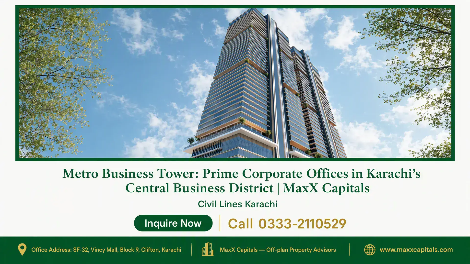 Metro Business Tower: Prime Corporate Offices in Karachi’s Central Business District | MaxX Capitals Metro Business Tower skyscraper with modern glass facade and palm tree accents under a clear blue sky.