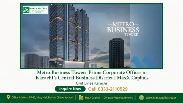Exterior view of Metro Business Tower, a modern high-rise with glass façade in Karachi's Central Business District.