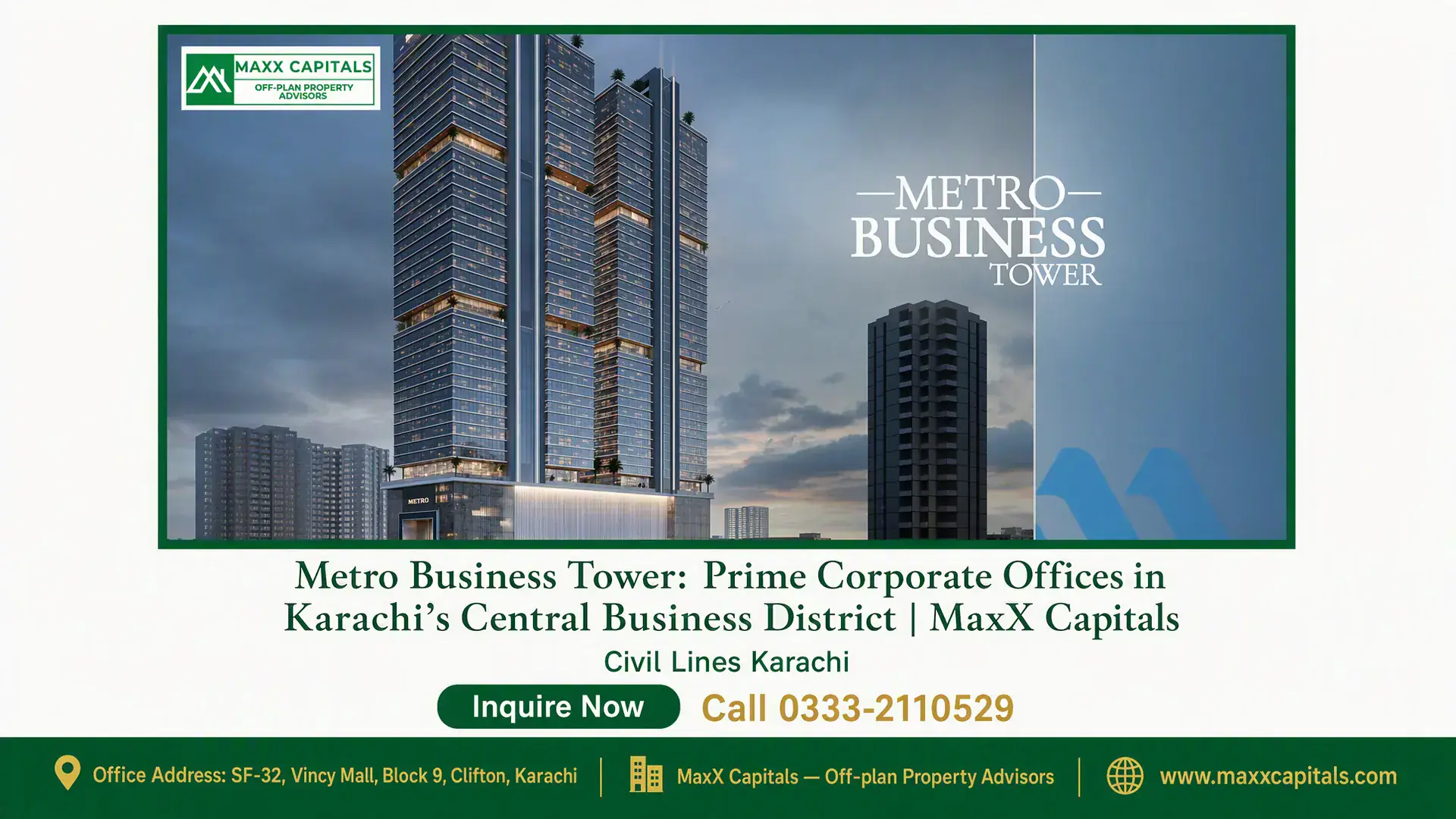 Metro Business Tower: Prime Corporate Offices in Karachi’s Central Business District | MaxX Capitals Exterior view of Metro Business Tower, a modern high-rise with glass façade in Karachi's Central Business District.