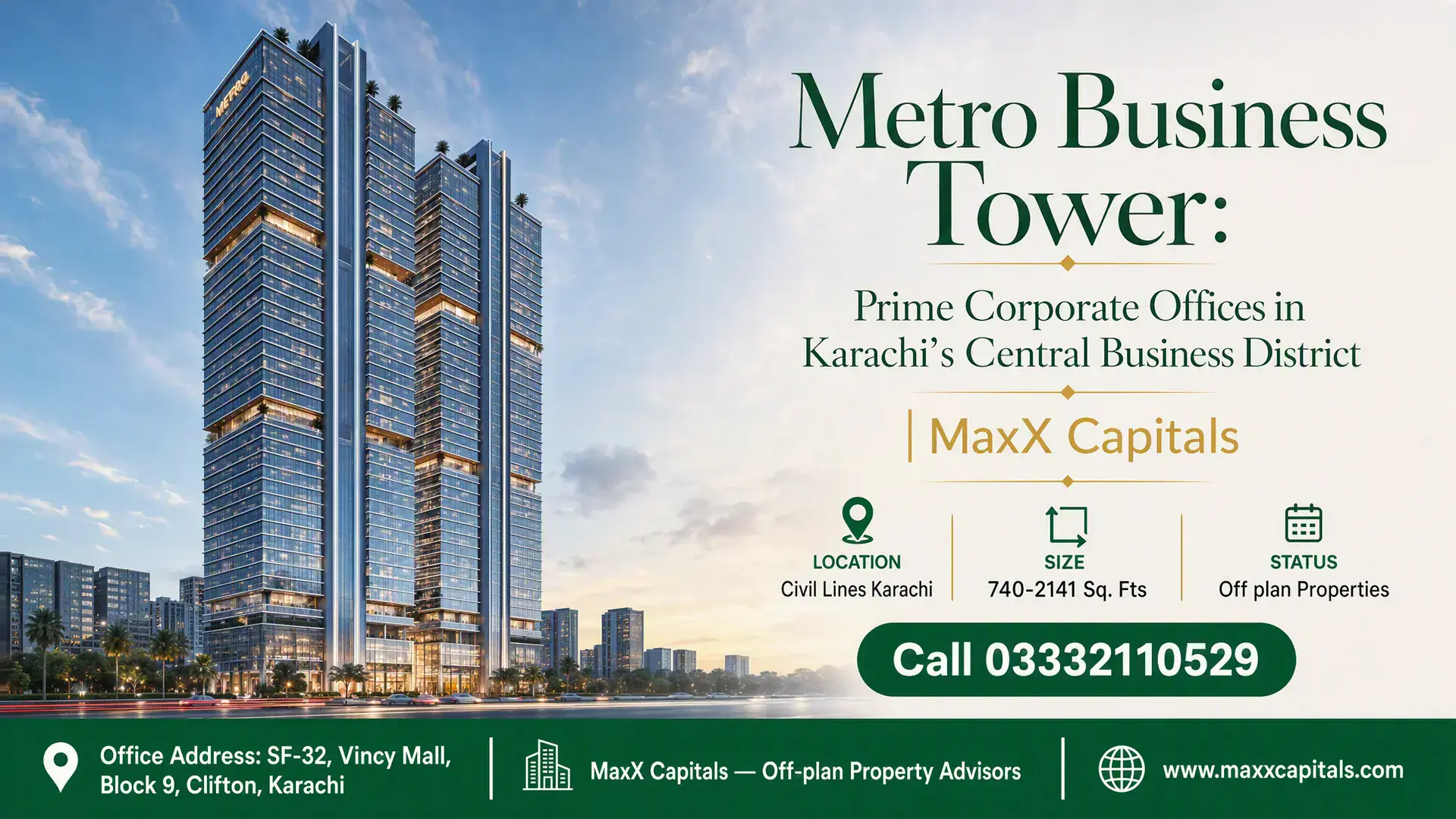 Metro Business Tower: Prime Corporate Offices in Karachi’s Central Business District | MaxX Capitals Modern high-rise Metro Business Tower with glass facade and landscaped surroundings in Karachi's central business district.