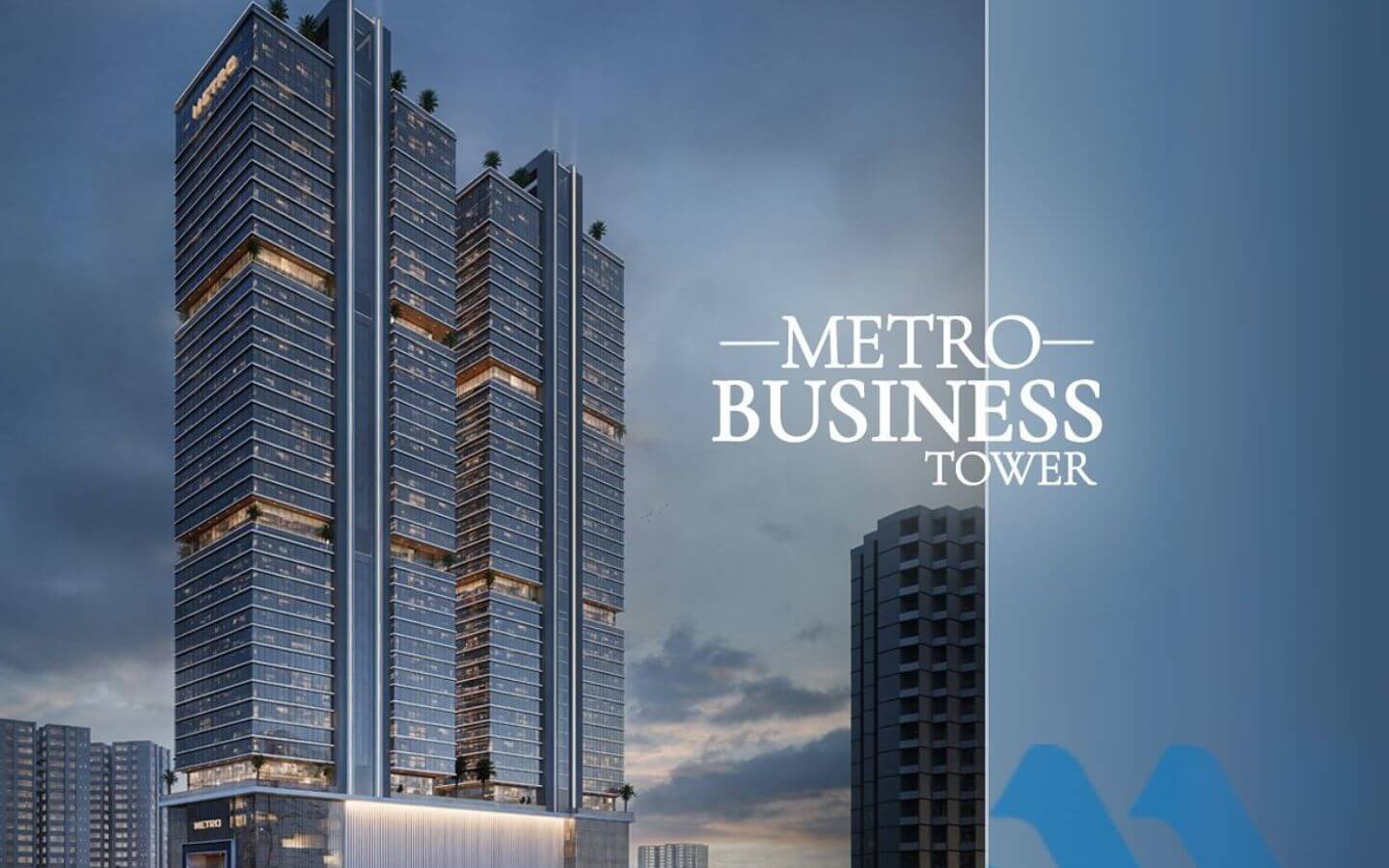 Metro Business Tower Prime Offices For Sale in Karachi MaxX Capitals (2) Sleek glass towers of Metro Business Tower in Karachi’s Central Business District at dusk