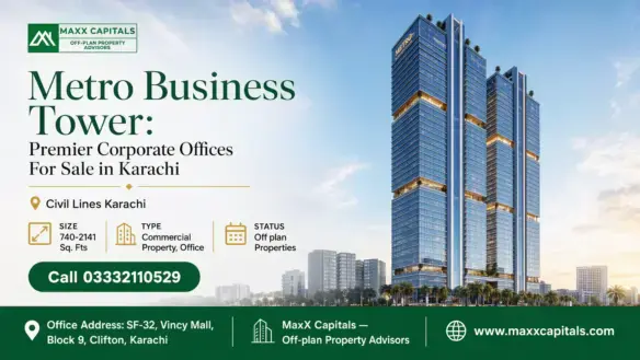 Tall, Modern Glass Office Towers With Reflective Windows And Landscaped Surroundings, Labeled Metro Business Tower In Karachi