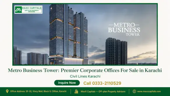 Modern high-rise Metro Business Tower with glass facade, adjacent to other buildings in Karachi, showcasing luxury offices fo