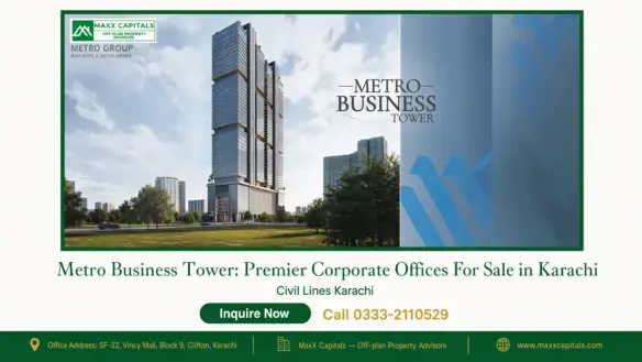 Metro Business Tower in Karachi, a modern high-rise building with a sleek glass façade set amidst greenery and urban skyline