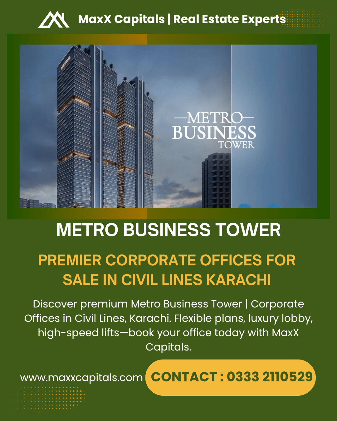 Metro Business Tower high-rise building with modern glass facade and signage in Civil Lines, Karachi corporate offices