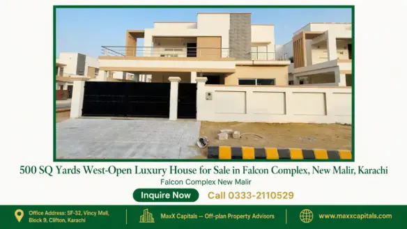 Luxury west-open house with modern facade, black gate, spacious driveway, and terraces in PAF Falcon Complex, Karachi.