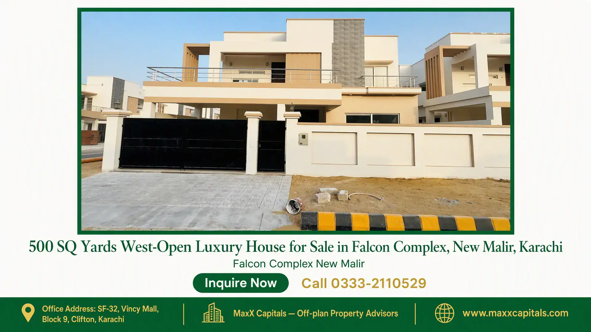 500 SQ Yards West-Open Luxury House for Sale in Falcon Complex, New Malir, Karachi Luxury west-open house with modern facade, black gate, spacious driveway, and terraces in PAF Falcon Complex, Karachi.