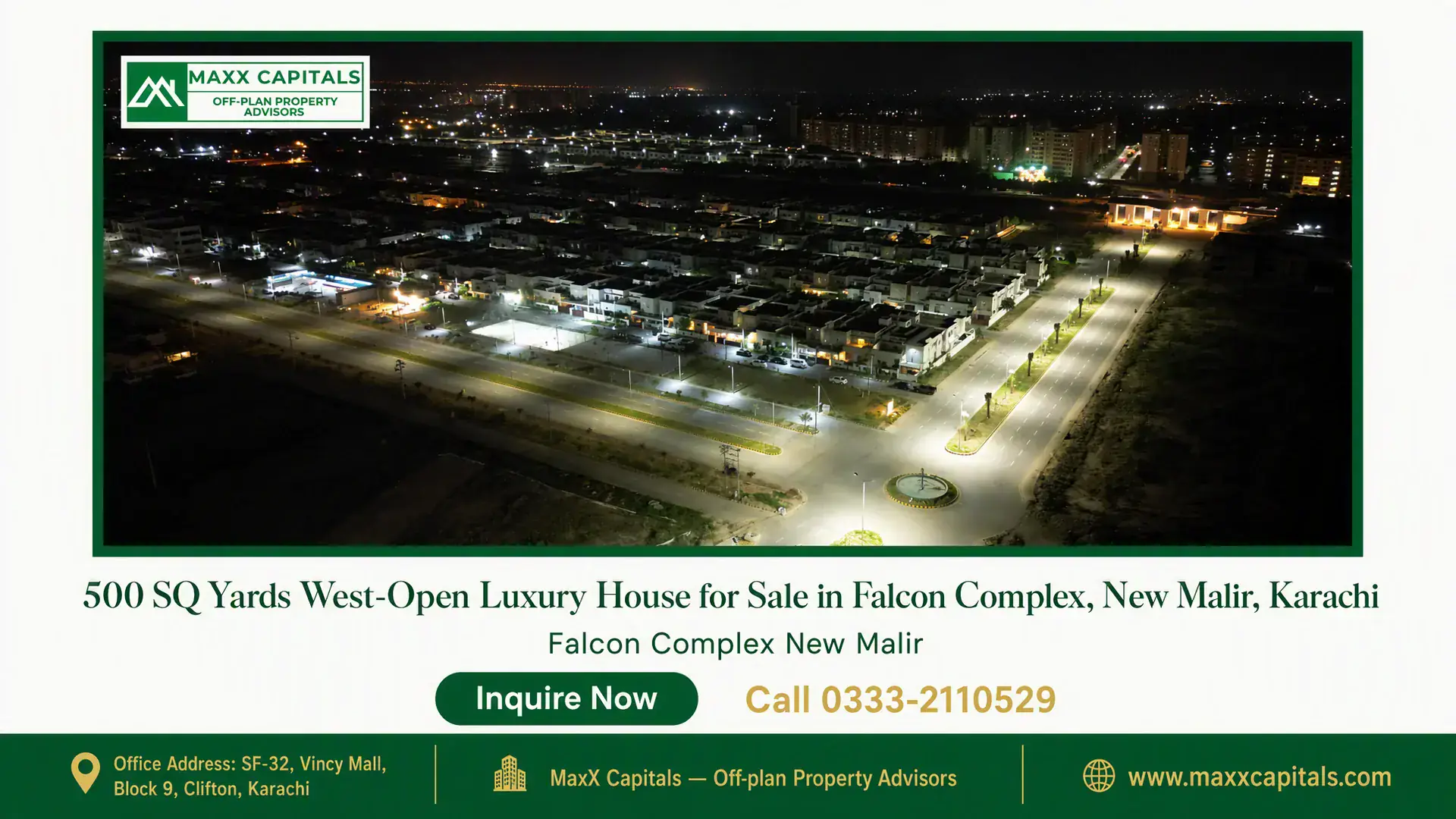 500 SQ Yards West-Open Luxury House for Sale in Falcon Complex, New Malir, Karachi Aerial night view of PAF Falcon Complex in New Malir Karachi with illuminated roads and residential houses.