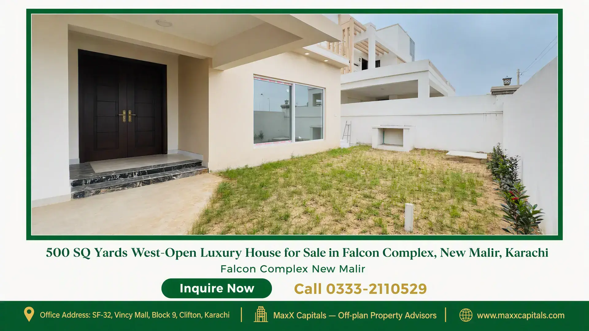 500 SQ Yards West-Open Luxury House for Sale in Falcon Complex, New Malir, Karachi West-open luxury house in Falcon Complex Karachi with a manicured lawn, modern facade, and wide entrance.