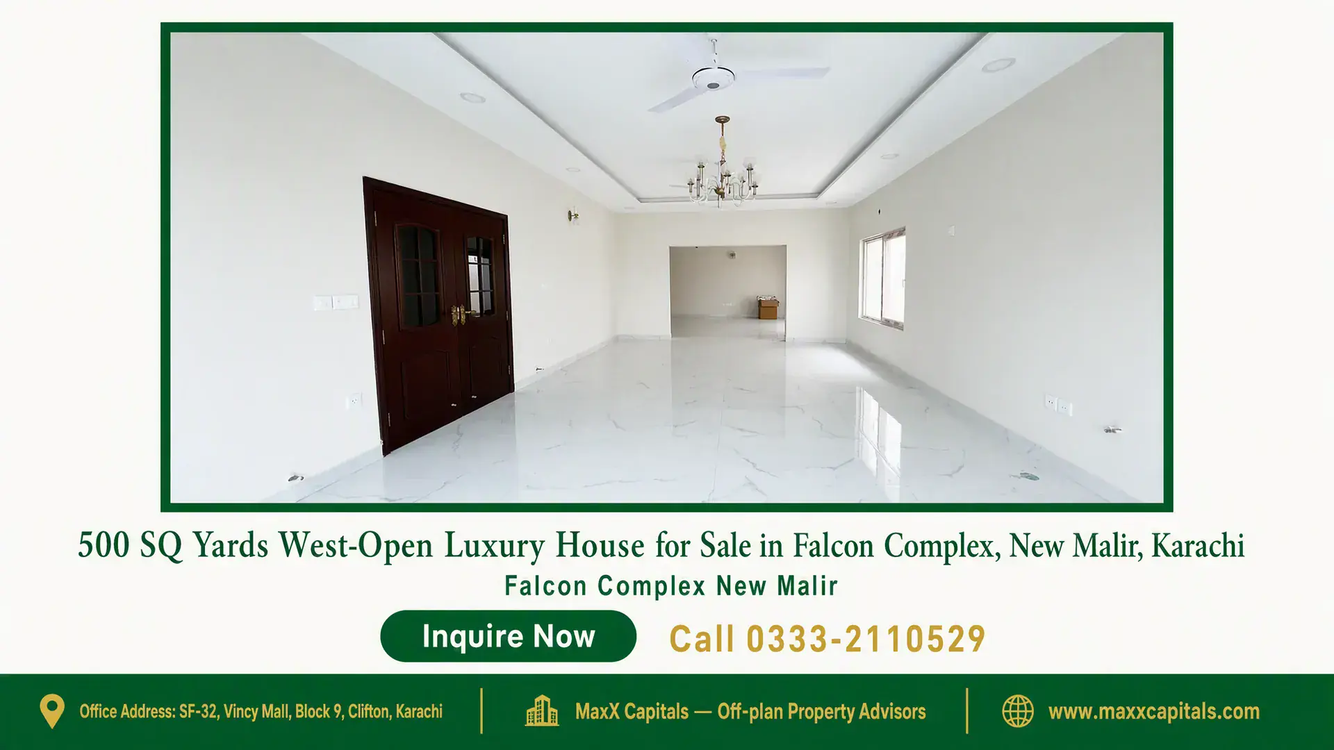 500 SQ Yards West-Open Luxury House for Sale in Falcon Complex, New Malir, Karachi Spacious, west-facing living area with high ceilings, modern chandelier, marbled flooring, and natural light in PAF Falcon Co
