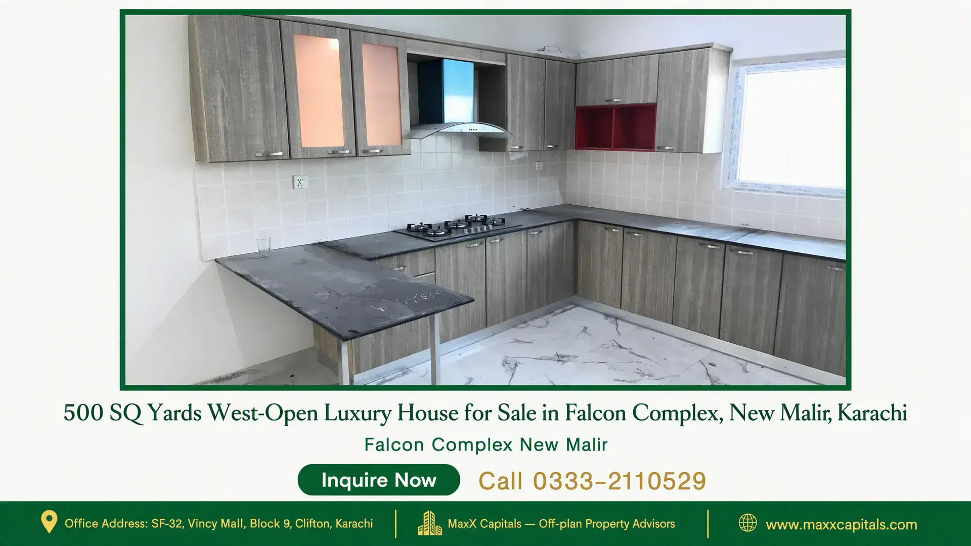 500 SQ Yards West-Open Luxury House for Sale in Falcon Complex, New Malir, Karachi Modern U-shaped kitchen with wooden cabinets, built-in gas stove, marble countertops, and tiled backsplash in PAF Falcon Comp