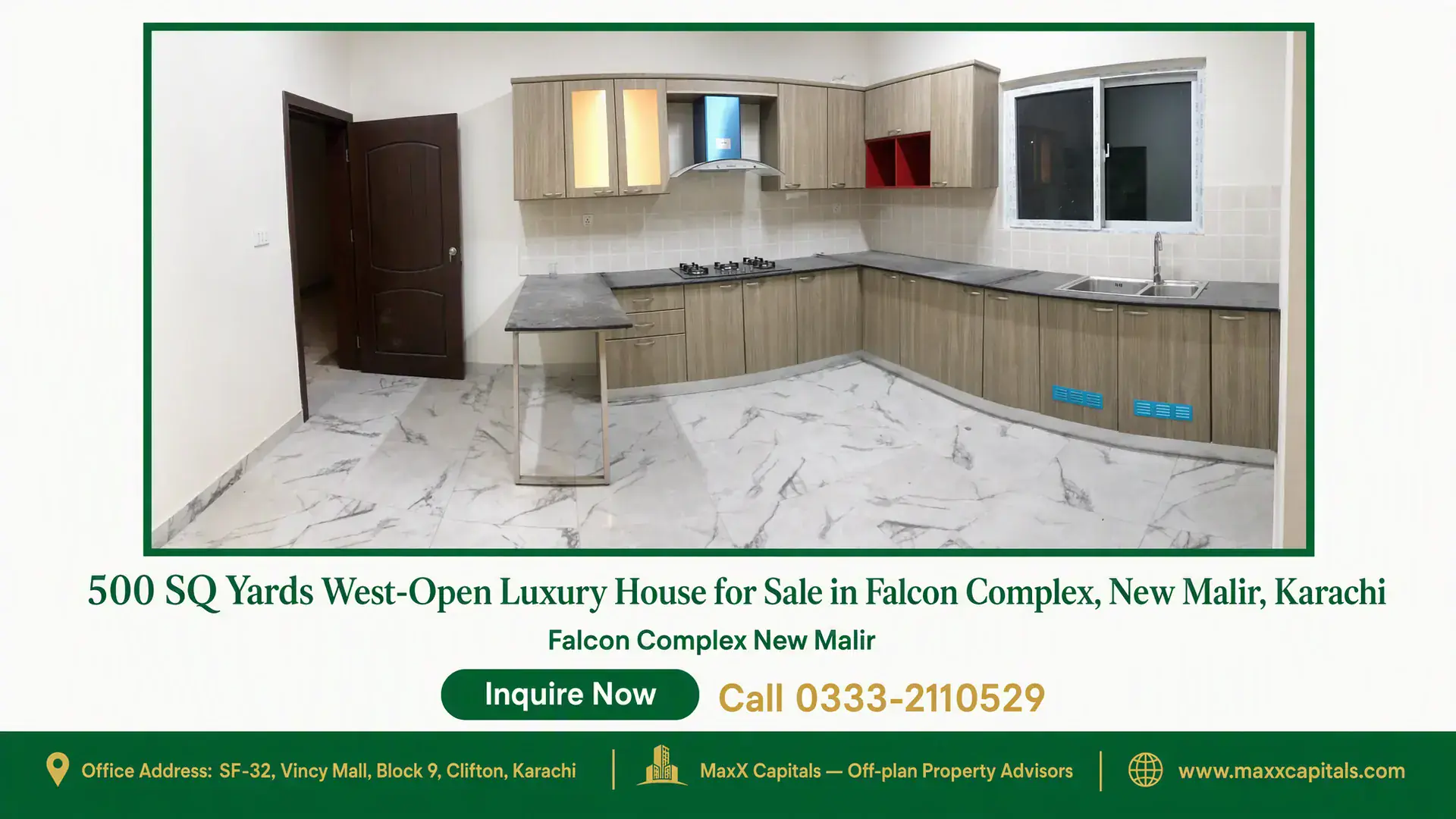 500 SQ Yards West-Open Luxury House for Sale in Falcon Complex, New Malir, Karachi Modern kitchen in a PAF Falcon Complex Karachi house for sale with marble flooring, custom cabinetry, and sleek countertops.