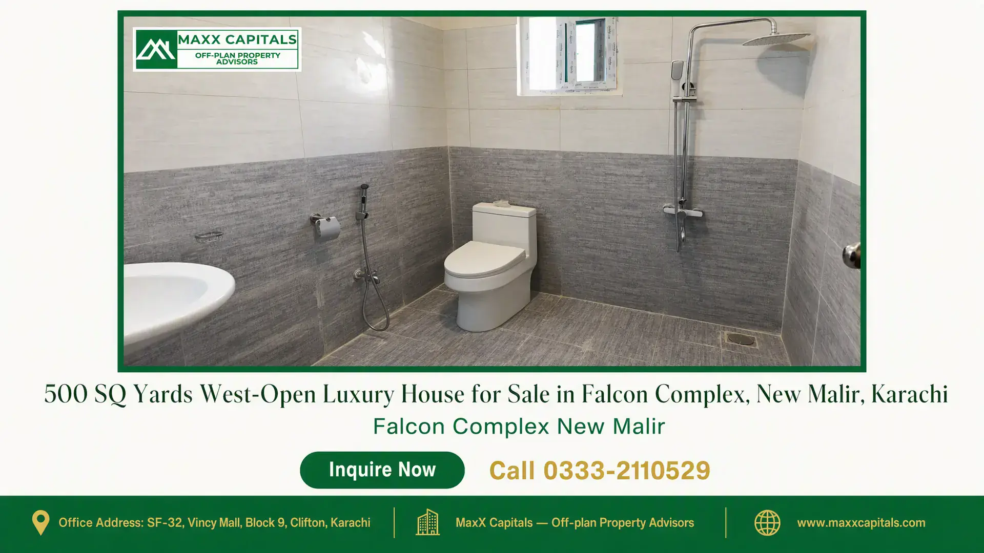 500 SQ Yards West-Open Luxury House for Sale in Falcon Complex, New Malir, Karachi Spacious modern bathroom with gray tiled walls and floor, a shower, toilet, and washbasin in a PAF Falcon Complex Karachi hou