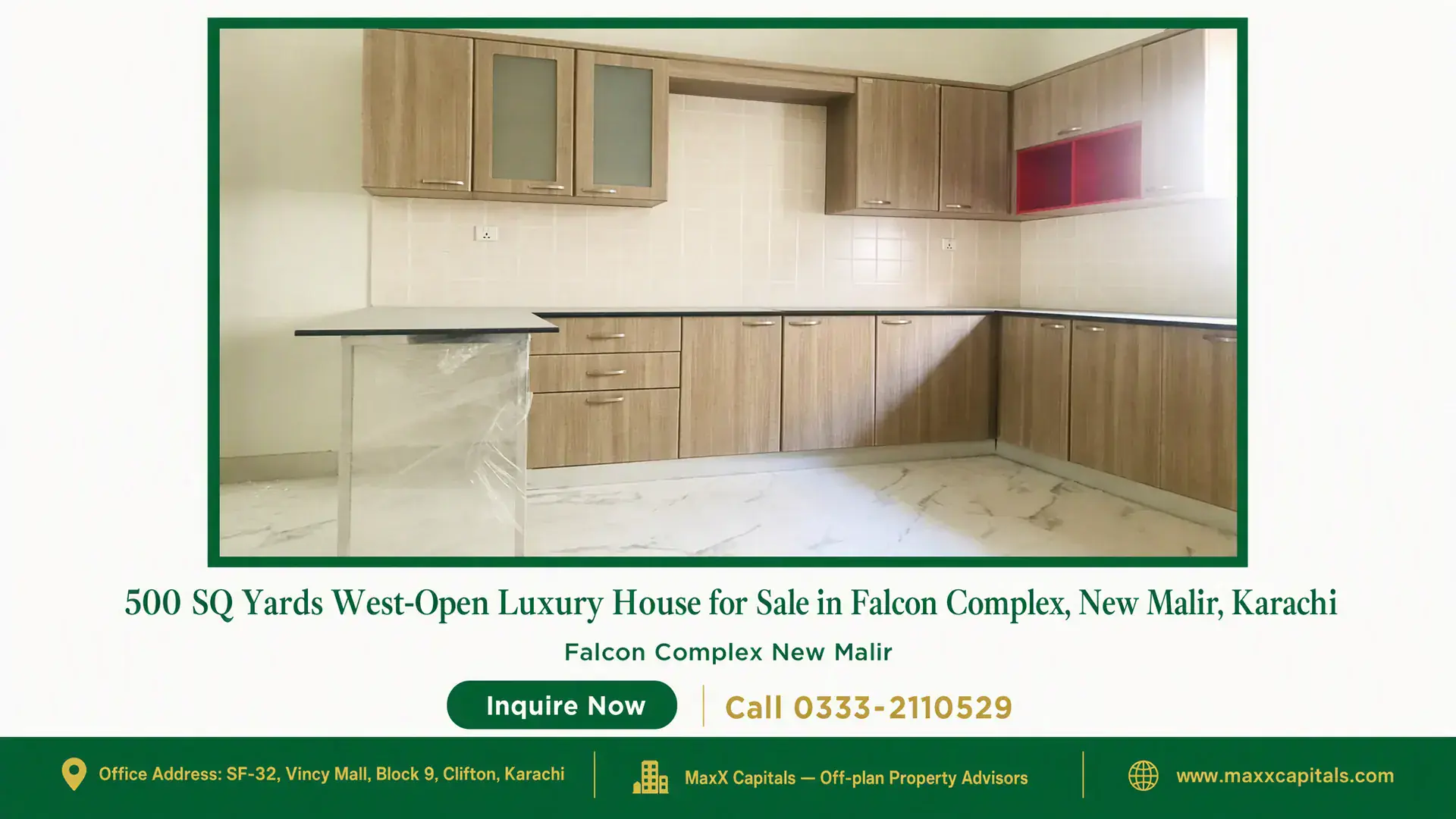 500 SQ Yards West-Open Luxury House for Sale in Falcon Complex, New Malir, Karachi Modern kitchen with marble flooring, wooden cabinetry, tiled backsplash, and a sleek countertop in PAF Falcon Complex Karachi