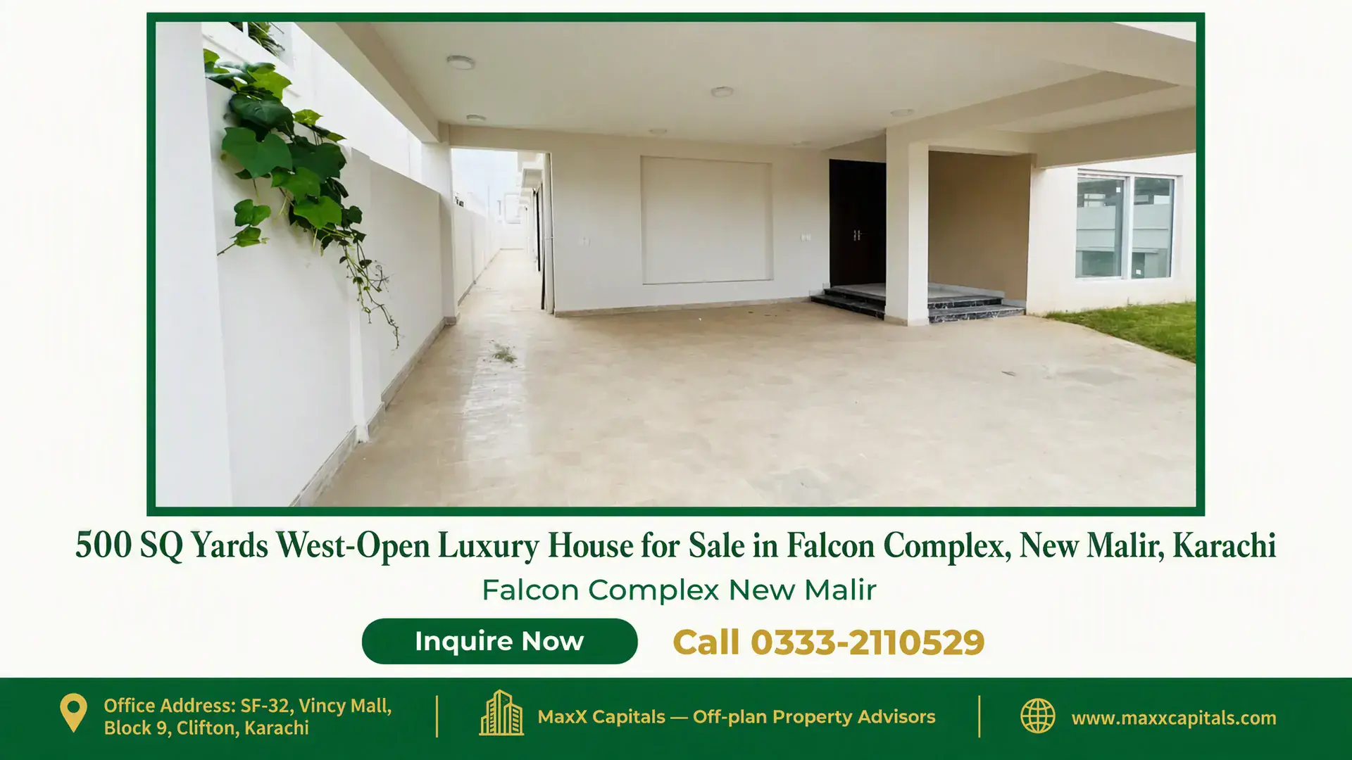 500 SQ Yards West-Open Luxury House for Sale in Falcon Complex, New Malir, Karachi Spacious west-open driveway and entrance of a 500 SQ Yards house in PAF Falcon Complex Karachi with modern design and greener