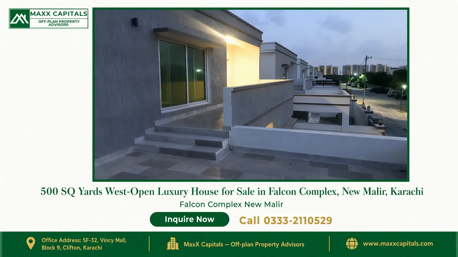 500 SQ Yards West-Open Luxury House for Sale in Falcon Complex, New Malir, Karachi Luxury 500 sq yards west-open house entrance with polished stone steps, large glass doors, and modern exterior in PAF Falcon