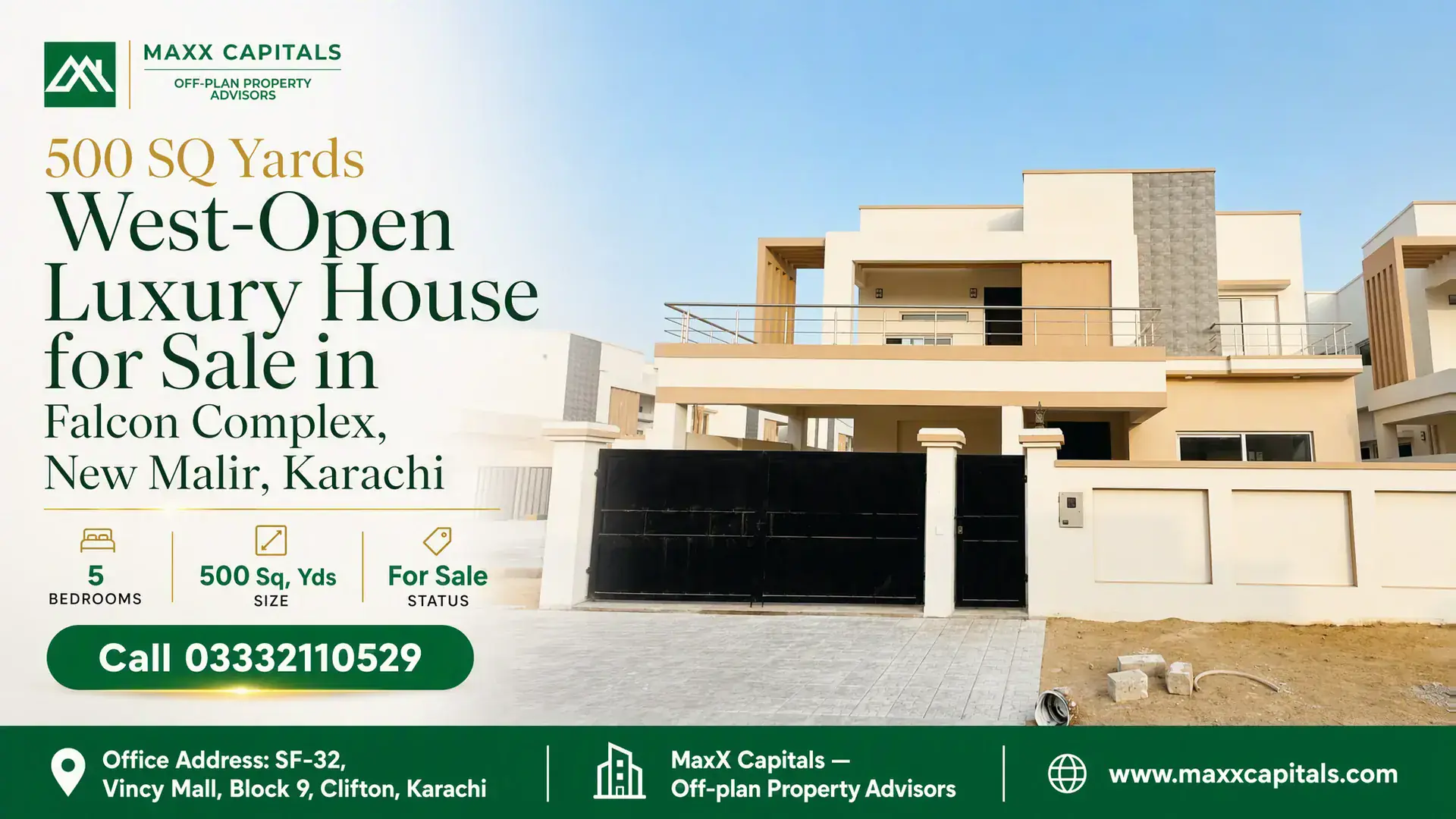 500 SQ Yards West-Open Luxury House for Sale in Falcon Complex, New Malir, Karachi 500 SQ Yards west-open luxury house with modern facade, spacious balcony, large windows, and gated entrance in PAF Falcon Com