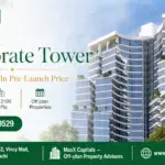 Saima Corporate Tower Featuring Modern Curved Architecture, Glass Facade, And Lush Landscaping Under A Clear Blue Sky.