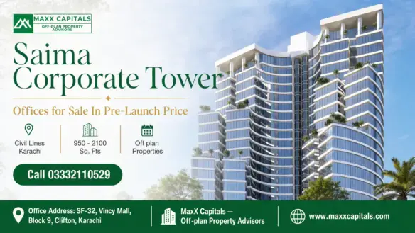 Saima Corporate Tower Featuring Modern Curved Architecture, Glass Facade, And Lush Landscaping Under A Clear Blue Sky.