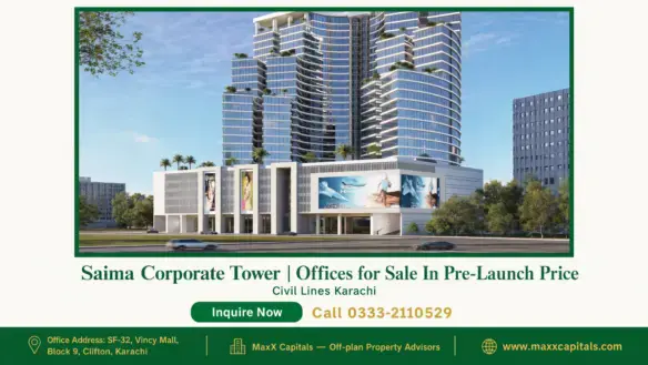 Modern high-rise Saima Corporate Tower with glass facades, architectural curves, landscaped terraces, and surrounding greener