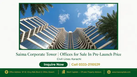 Modern high-rise facade of Saima Corporate Tower with reflective glass windows and curved architectural design under a clear