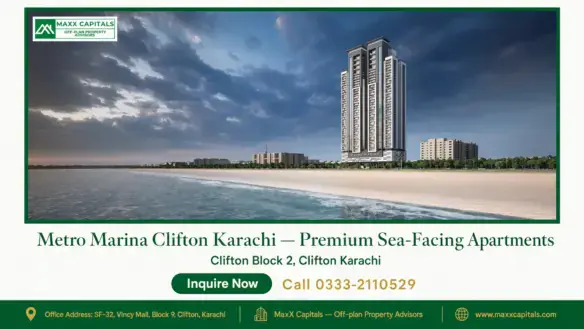 Metro Marina Clifton Karachi high-rise apartments with a sea-facing view in Block 2 Clifton, surrounded by open skies and coa