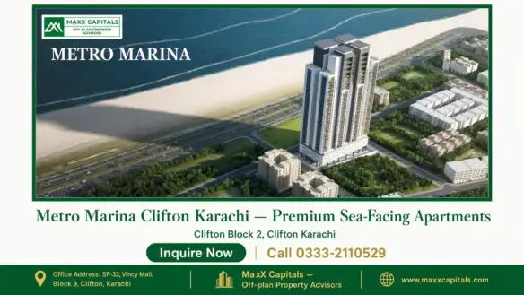 Aerial view of Metro Marina Clifton Karachi, premium sea-facing apartments near the beach in Block 2 of Clifton.