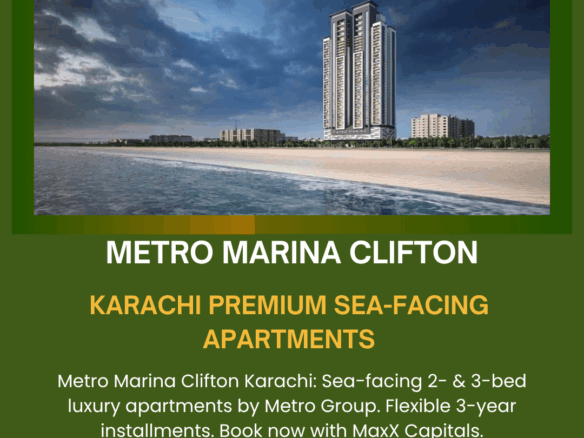 Metro Marina Clifton Karachi Sea-Facing Apartments Banner With Tall Residential Towers On Beachfront Overlooking Ocean