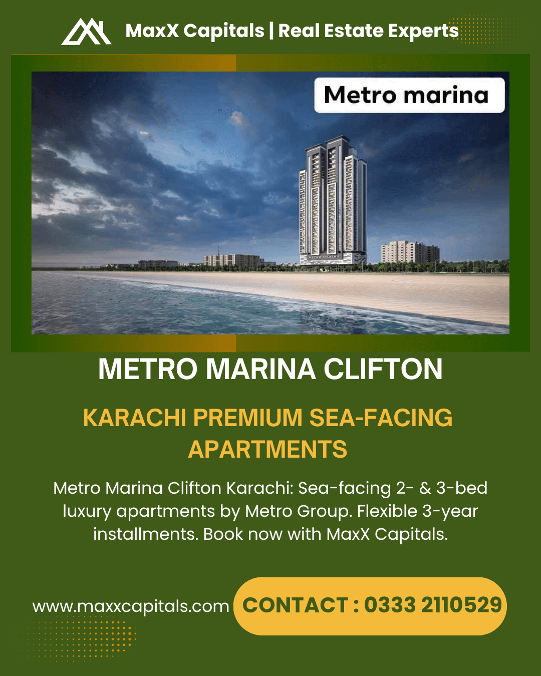 Metro Marina Clifton Karachi sea-facing apartments banner with tall residential towers on beachfront overlooking ocean