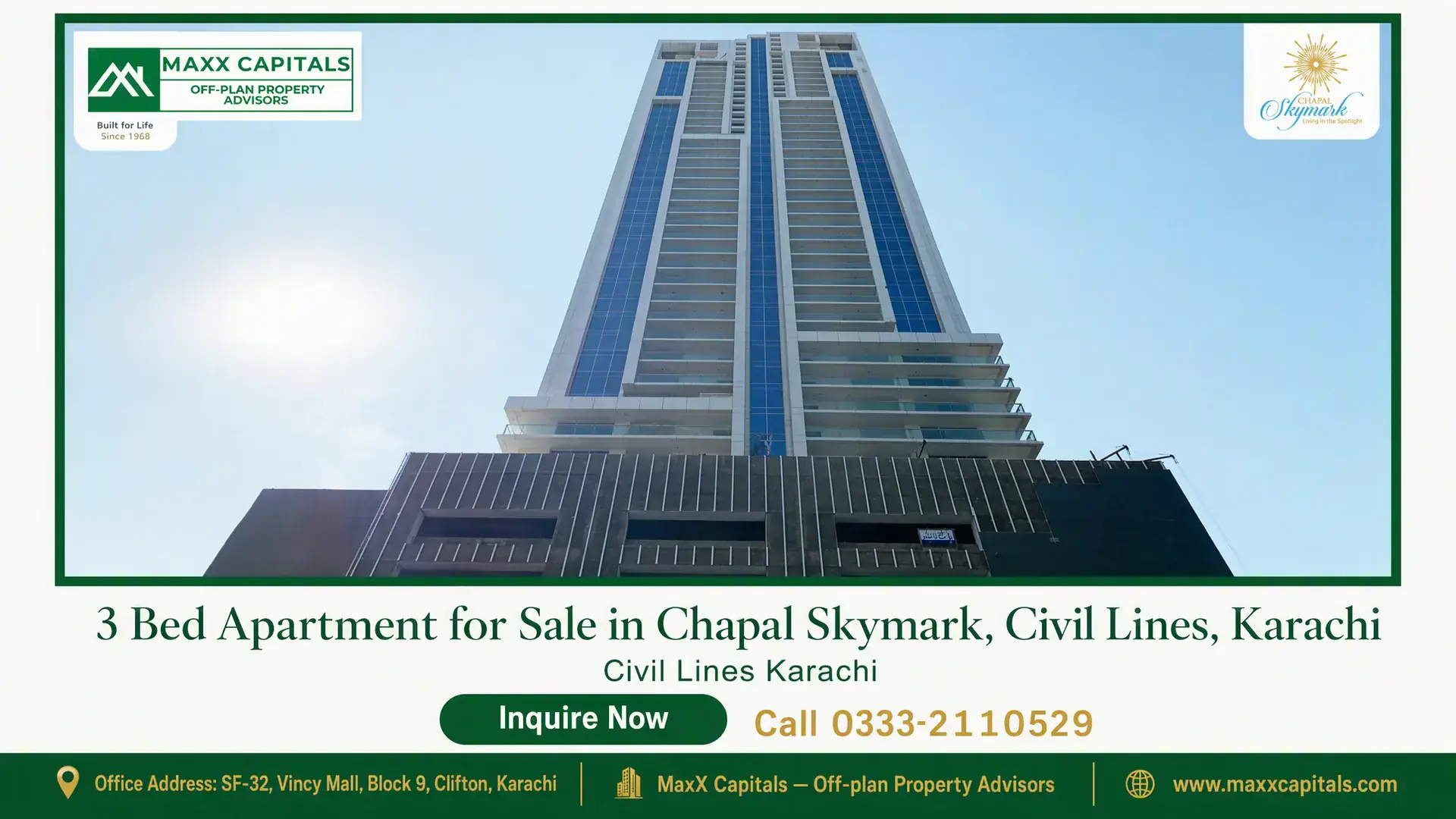 3 Bed Apartment for Sale in Chapal Skymark, Civil Lines, Karachi Modern high-rise facade of Chapal Skymark in Civil Lines, Karachi, showcasing contemporary architecture with glass-panel balc